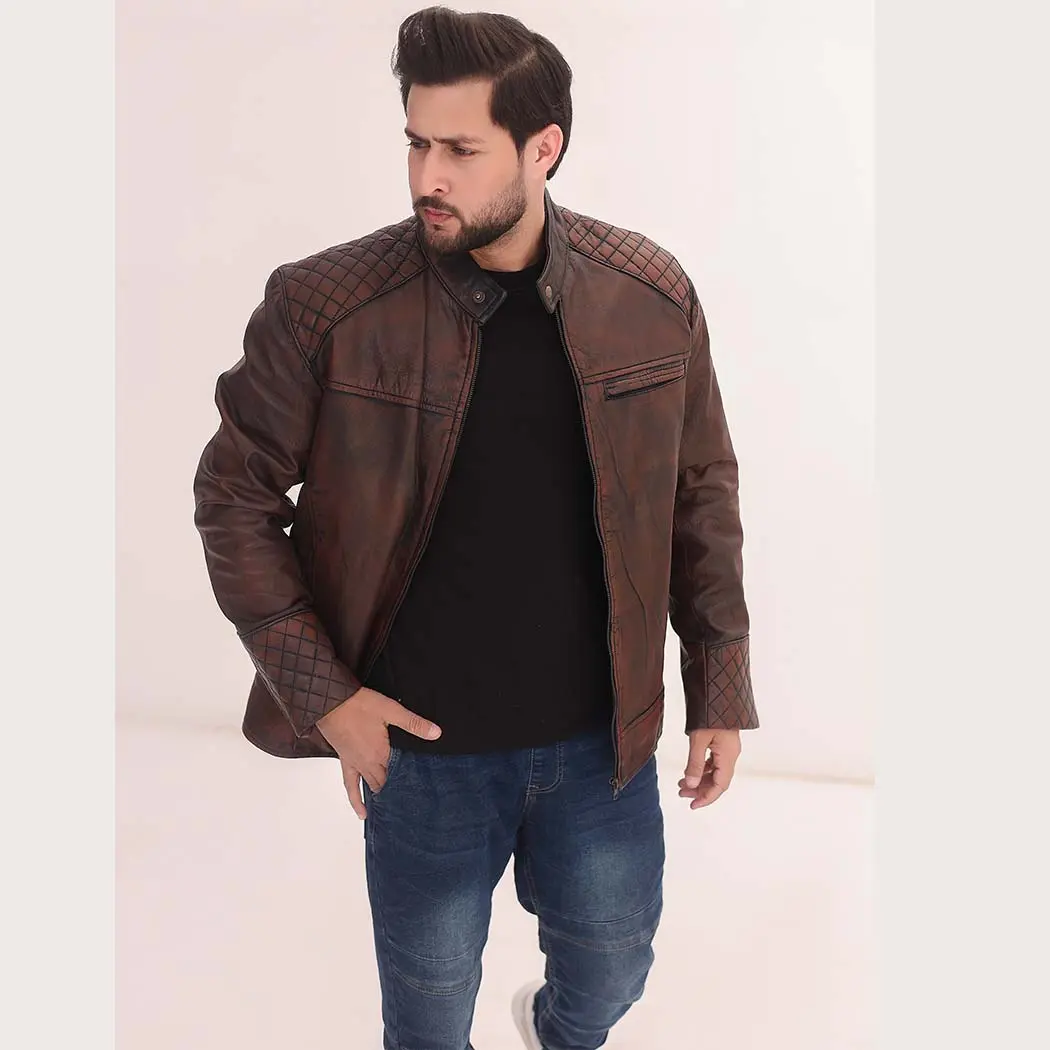 Brown Quilted Cafe Racer Jacket
