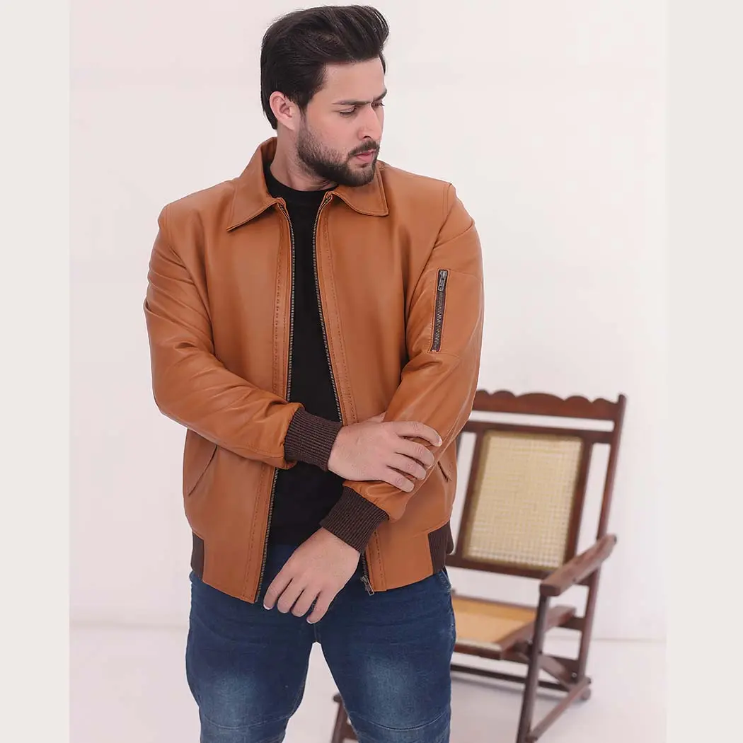 Camel Brown Lambskin Leather Jacket Premium Classic Style Bomber Jackets