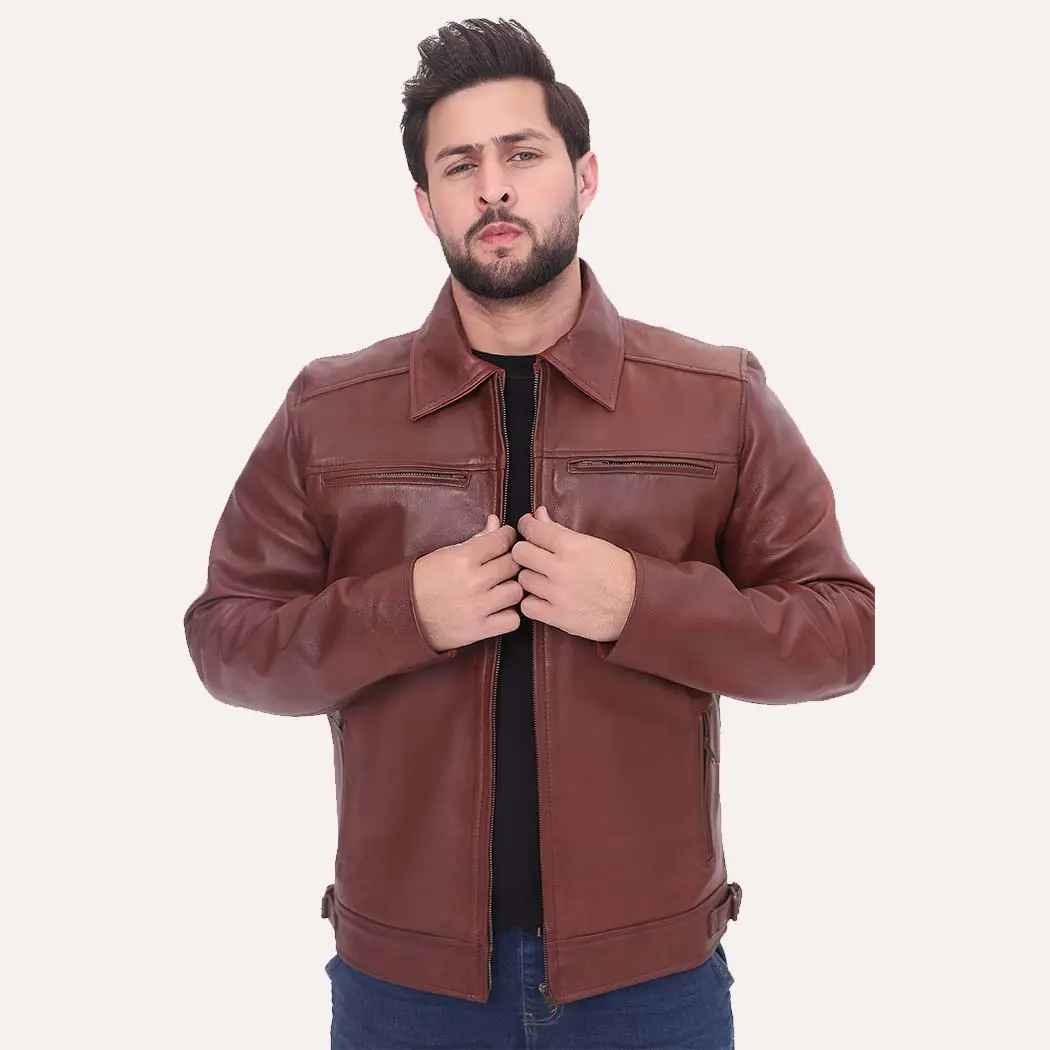 Men’s Cognac Brown Premium Leather Jacket Shirt Collar Style