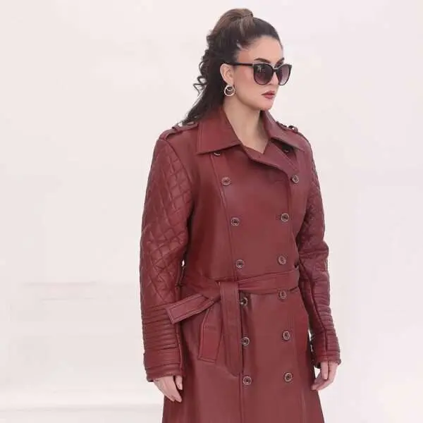 Burgundy Leather Trench Coat with Quilted Sleeves