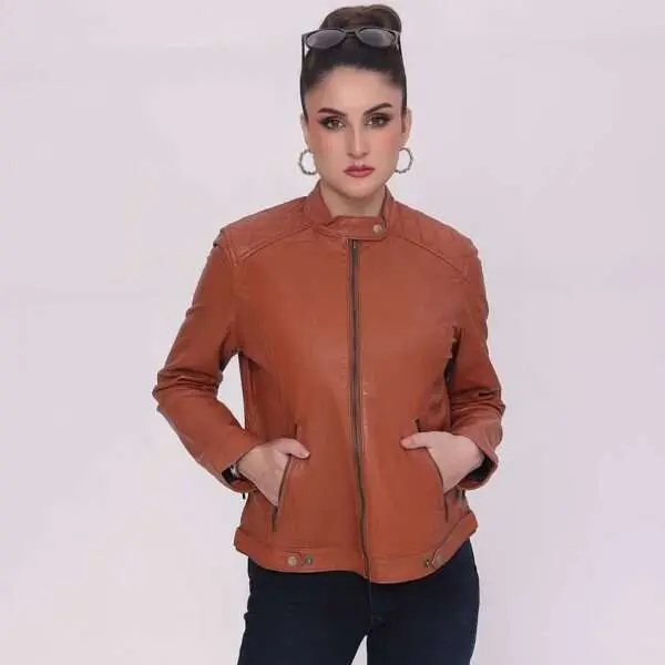 Woman casual Leather Tan Brown Biker Lambskin Jacket