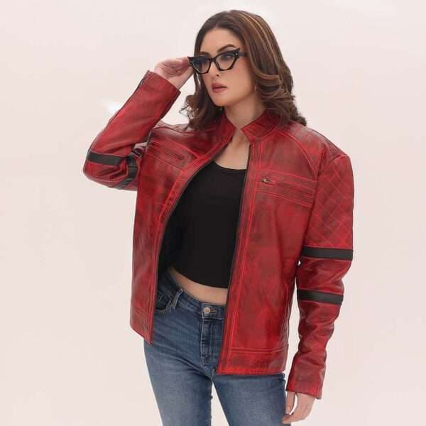 Women Red Cafe Racer Jacket Quilted with Black Contrast Panel