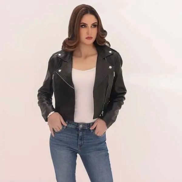 Women’s Black Short Cropped Biker Leather Jacket