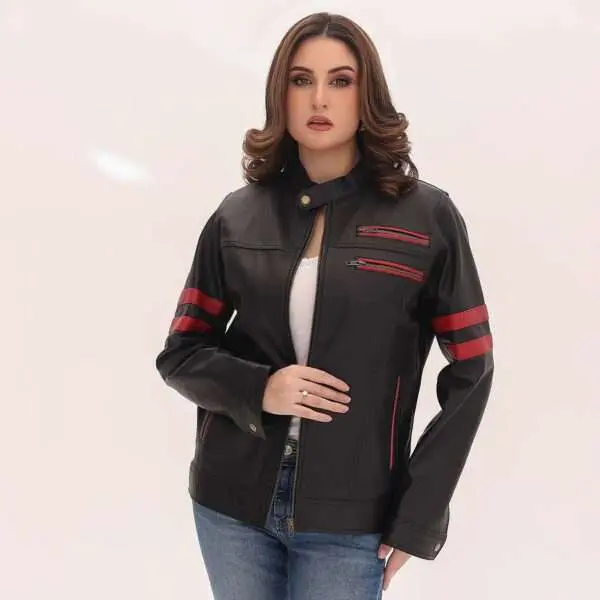 Women’s Cafe Racer Red Stripes Genuine Leather Jacket