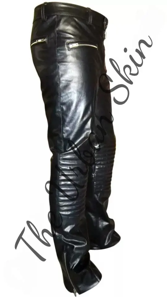 Men's Premium Leather Biker Jeans Padded Knee Trousers with Front Zip 24FN4o