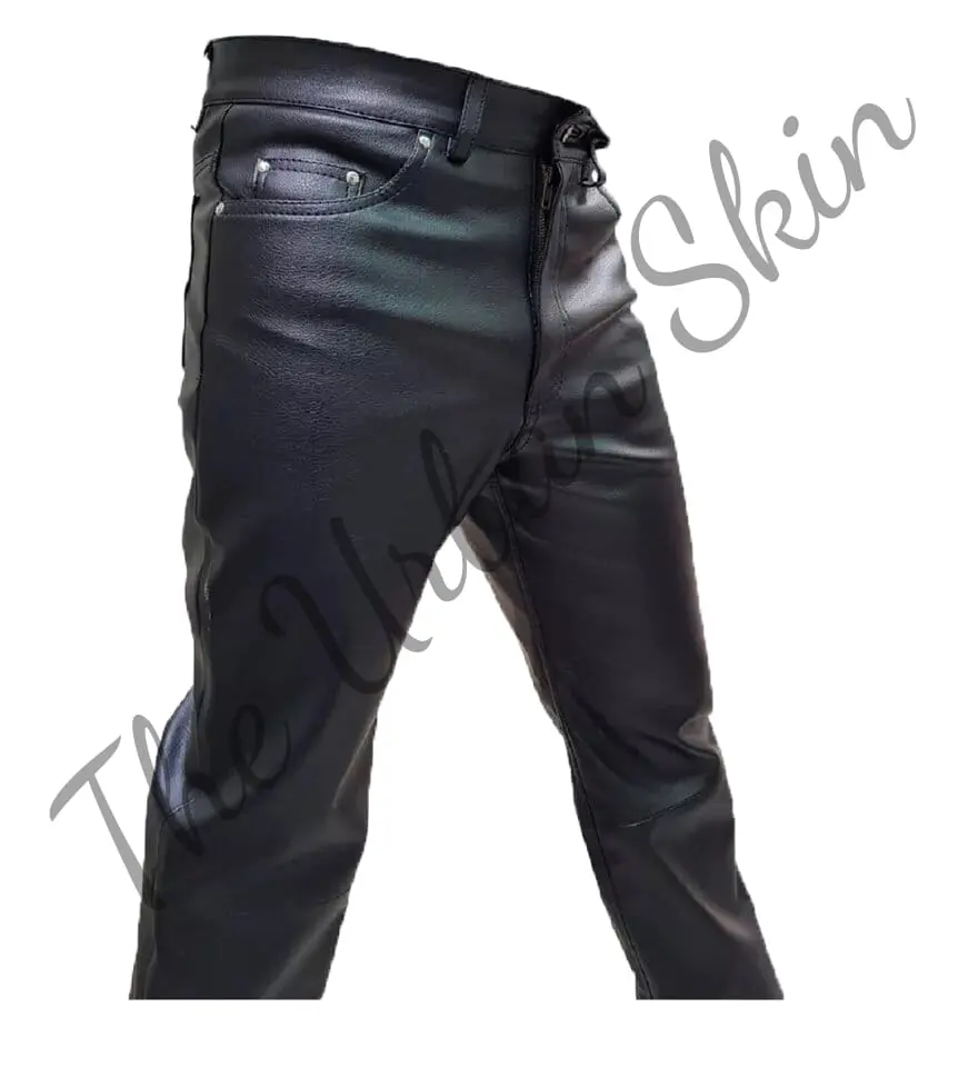 Men's Authentic Black Cowhide Leather 501 Style Biker Jeans Trousers - Modern & Bold